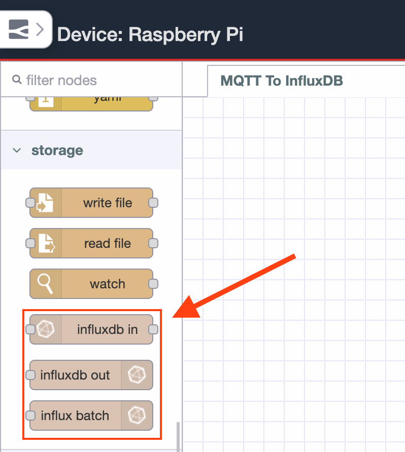 Node-RED editor palette displaying the InfluxDB nodes added via the node-red-contrib-influxdb package. Node-RED editor palette displaying the InfluxDB nodes added via the node-red-contrib-influxdb package.