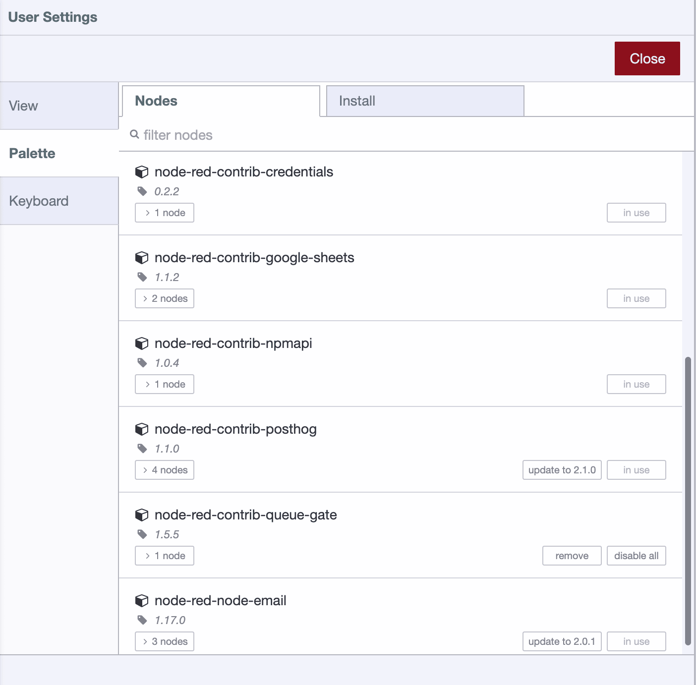 List of nodes installed, including unused nodes
